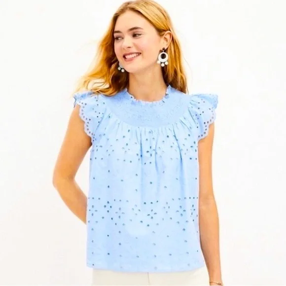 LOFT blue eyelet smocked neck blouse - Picture 1 of 7